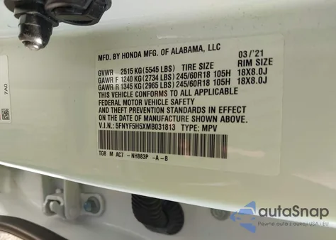 2021 Honda Pilot 2Wd Ex-L z USA, uszkodzony, nr VIN 5FNYF5H5XMB031813